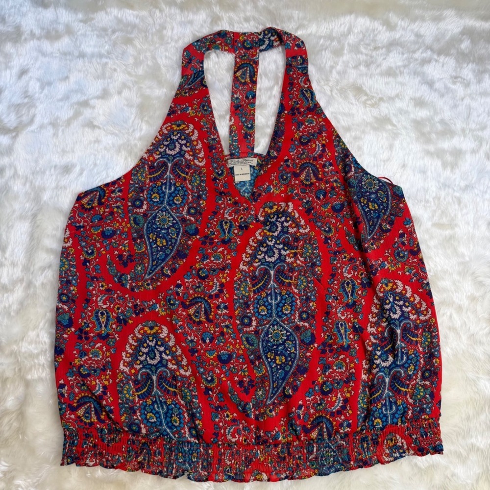 Lucky Brand Womens Red Paisley Halter Top T-Back Smocked Hem Ruffle‎ Large